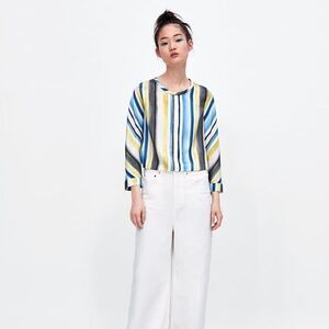 Zara Striped Long Sleeve Cropped Blouse Medium